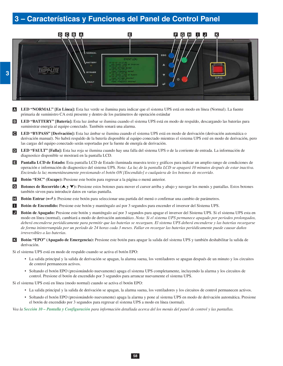 Tripp Lite SU80KTV, SU60KTV, SU40K owner manual Características y Funciones del Panel de Control Panel 