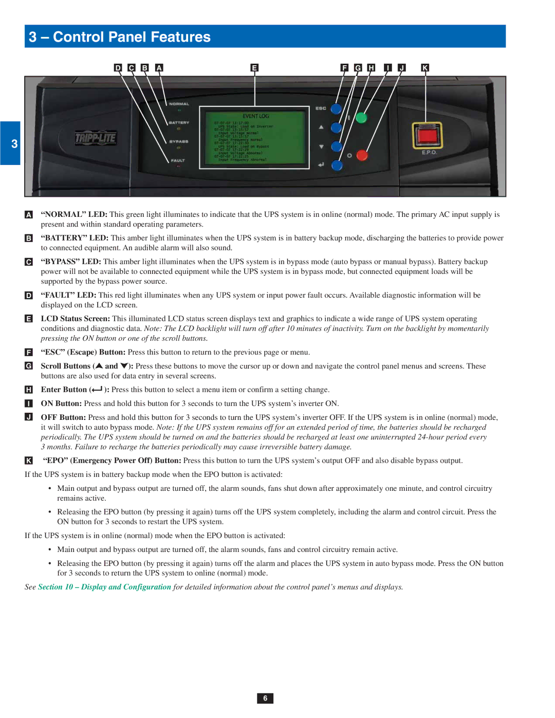 Tripp Lite SU80KTV, SU60KTV, SU40K owner manual Control Panel Features 