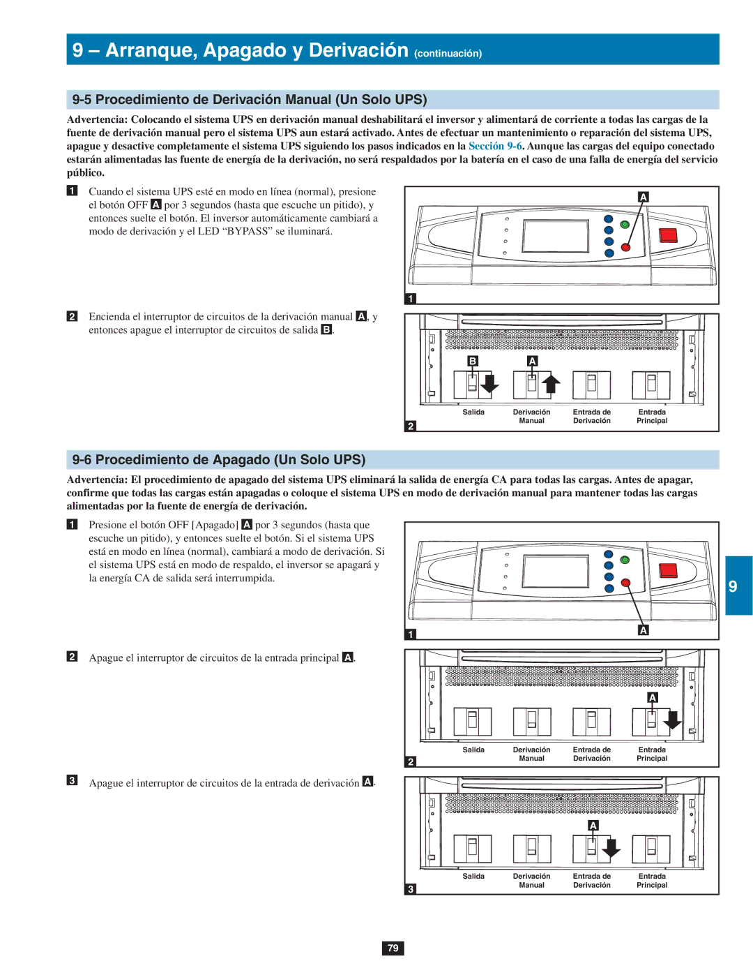 Tripp Lite SU40K, SU80KTV, SU60KTV Procedimiento de Derivación Manual Un Solo UPS, Procedimiento de Apagado Un Solo UPS 