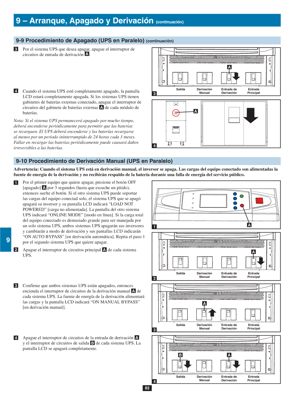 Tripp Lite SU60K Procedimiento de Apagado UPS en Paralelo continuación, Procedimiento de Derivación Manual UPS en Paralelo 
