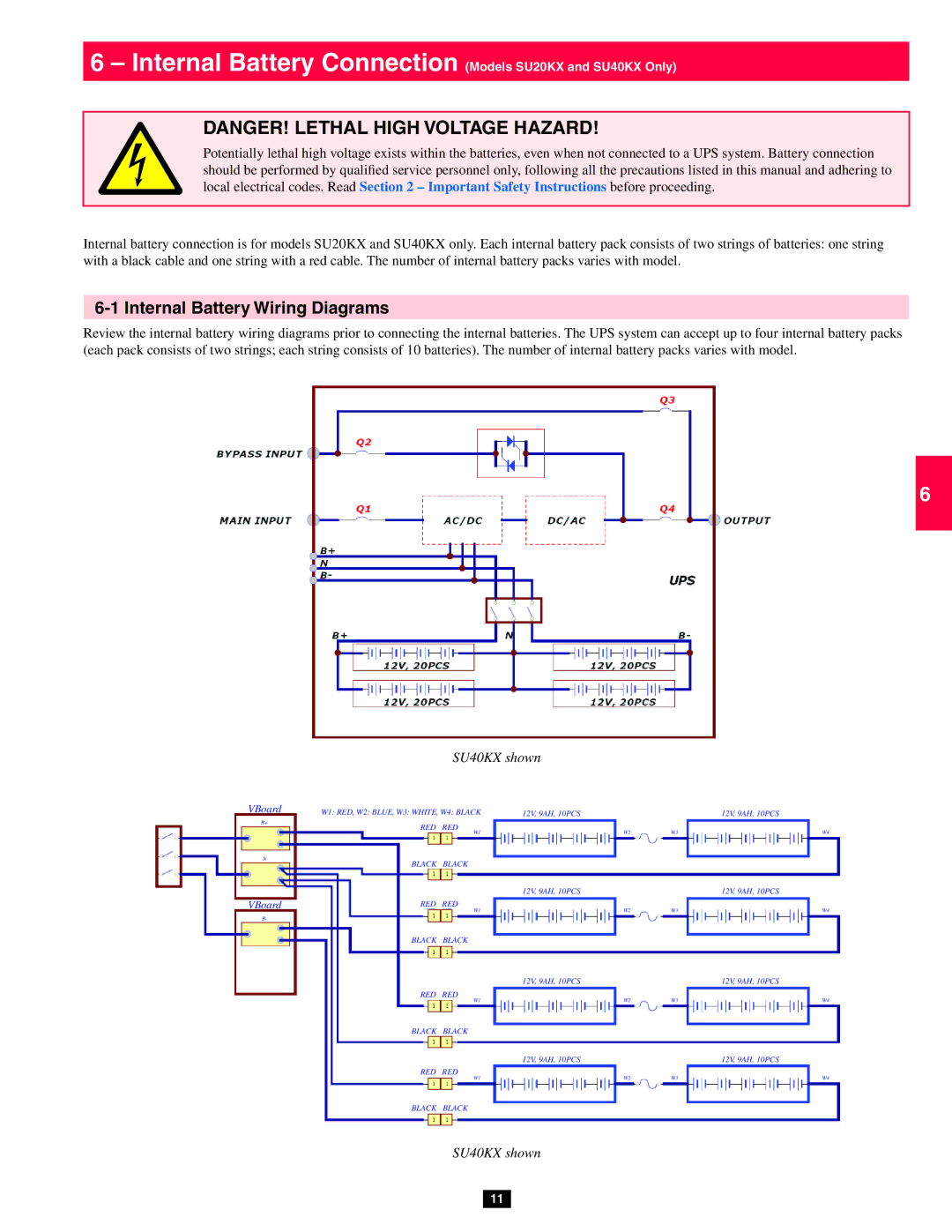 Tripp Lite SU80KX, SU20KX owner manual Internal Battery Wiring Diagrams, SU40KX shown 