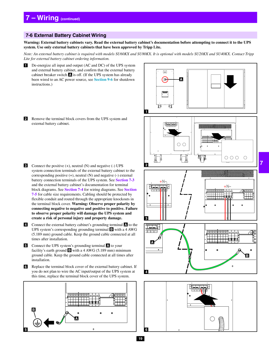 Tripp Lite SU20KX, SU80KX, SU40KX owner manual External Battery Cabinet Wiring 