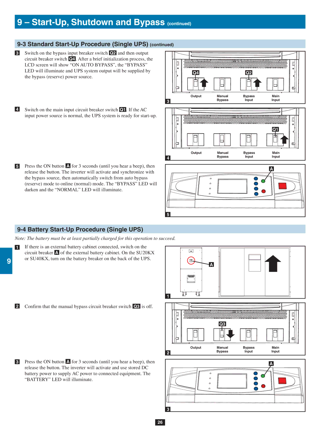 Tripp Lite SU40KX, SU80KX, SU20KX owner manual Battery Start-Up Procedure Single UPS 