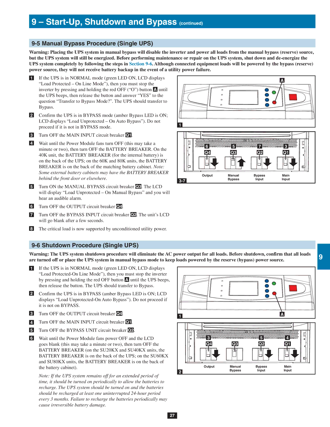 Tripp Lite SU80KX, SU20KX, SU40KX owner manual Manual Bypass Procedure Single UPS, Shutdown Procedure Single UPS 