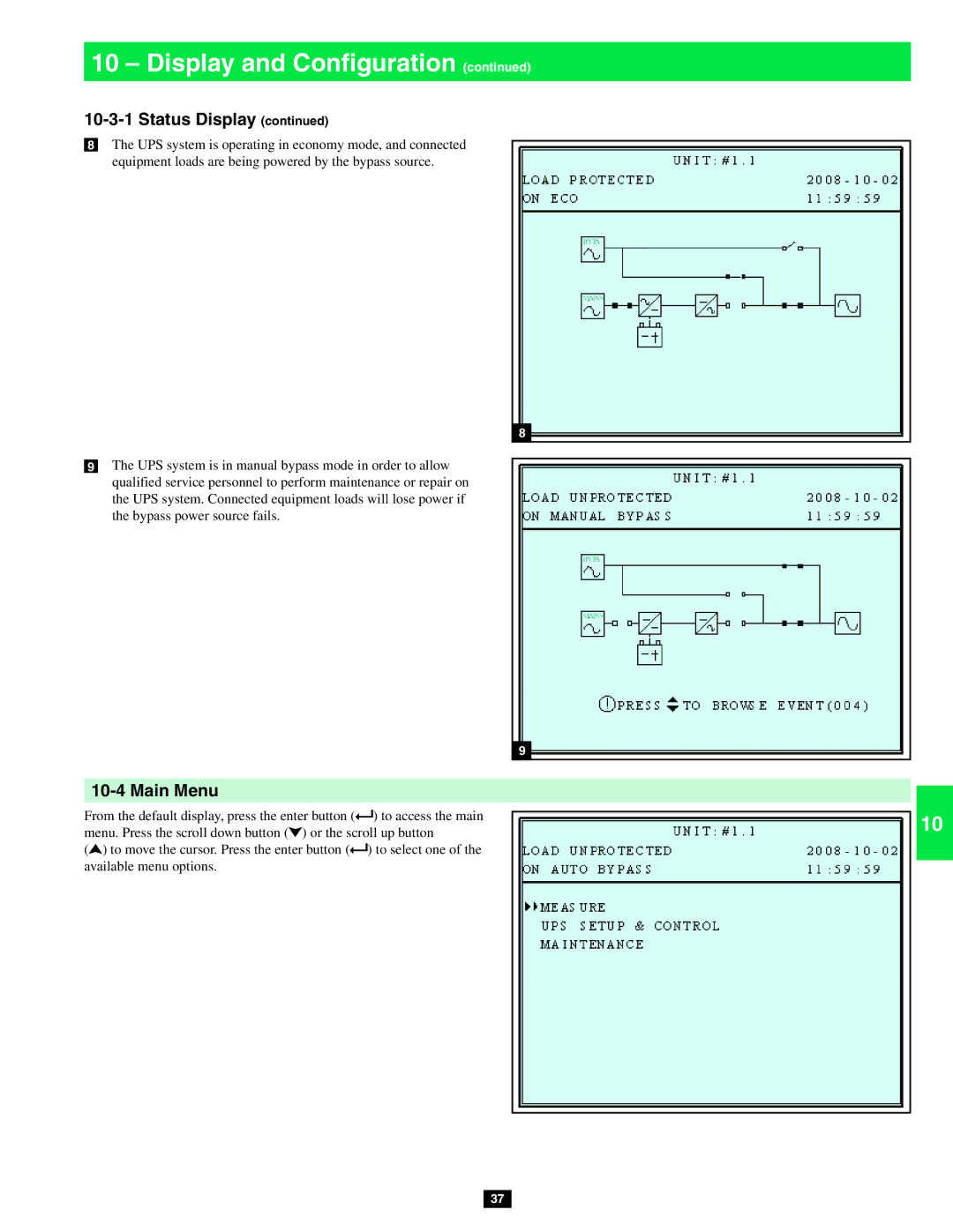 Tripp Lite SU20KX, SU80KX, SU40KX owner manual Main Menu 