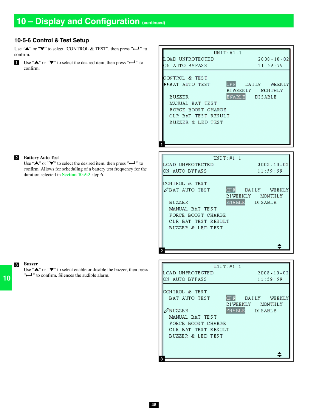 Tripp Lite SU80KX, SU20KX, SU40KX owner manual Control & Test Setup, Battery Auto Test, Buzzer 