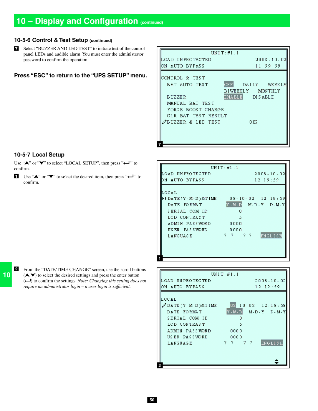 Tripp Lite SU40KX, SU80KX, SU20KX owner manual Press ESC to return to the UPS Setup menu Local Setup 