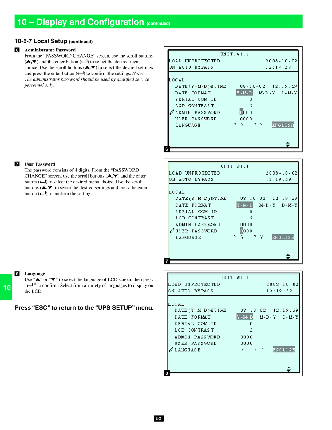 Tripp Lite SU20KX, SU80KX, SU40KX owner manual Administrator Password, User Password, Language 