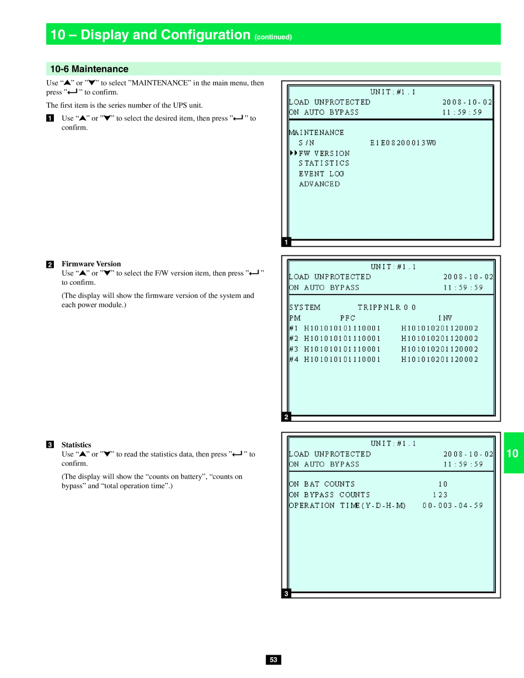 Tripp Lite SU40KX, SU80KX, SU20KX owner manual Maintenance, Firmware Version, Statistics 