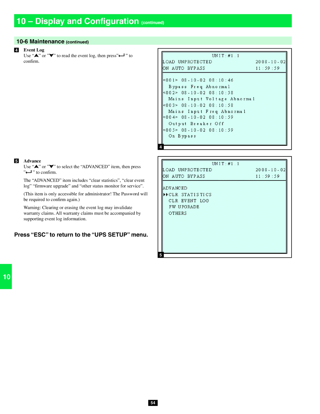 Tripp Lite SU80KX, SU20KX, SU40KX owner manual Use or to read the event log, then press to, Advance 