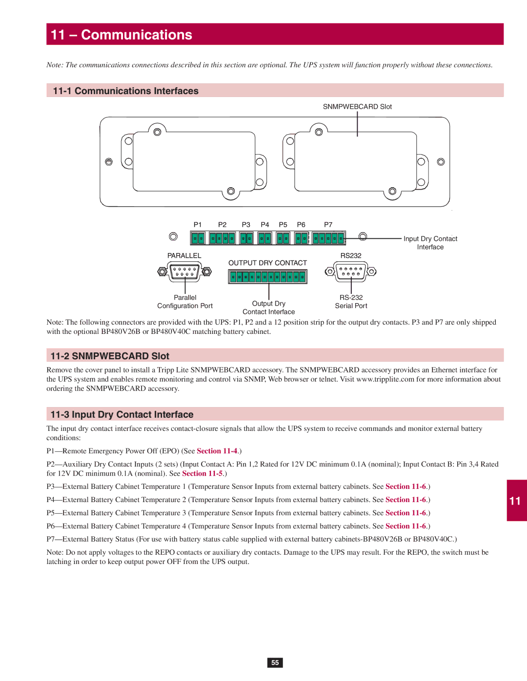 Tripp Lite SU20KX, SU80KX, SU40KX owner manual Communications Interfaces, Snmpwebcard Slot Input Dry Contact Interface 