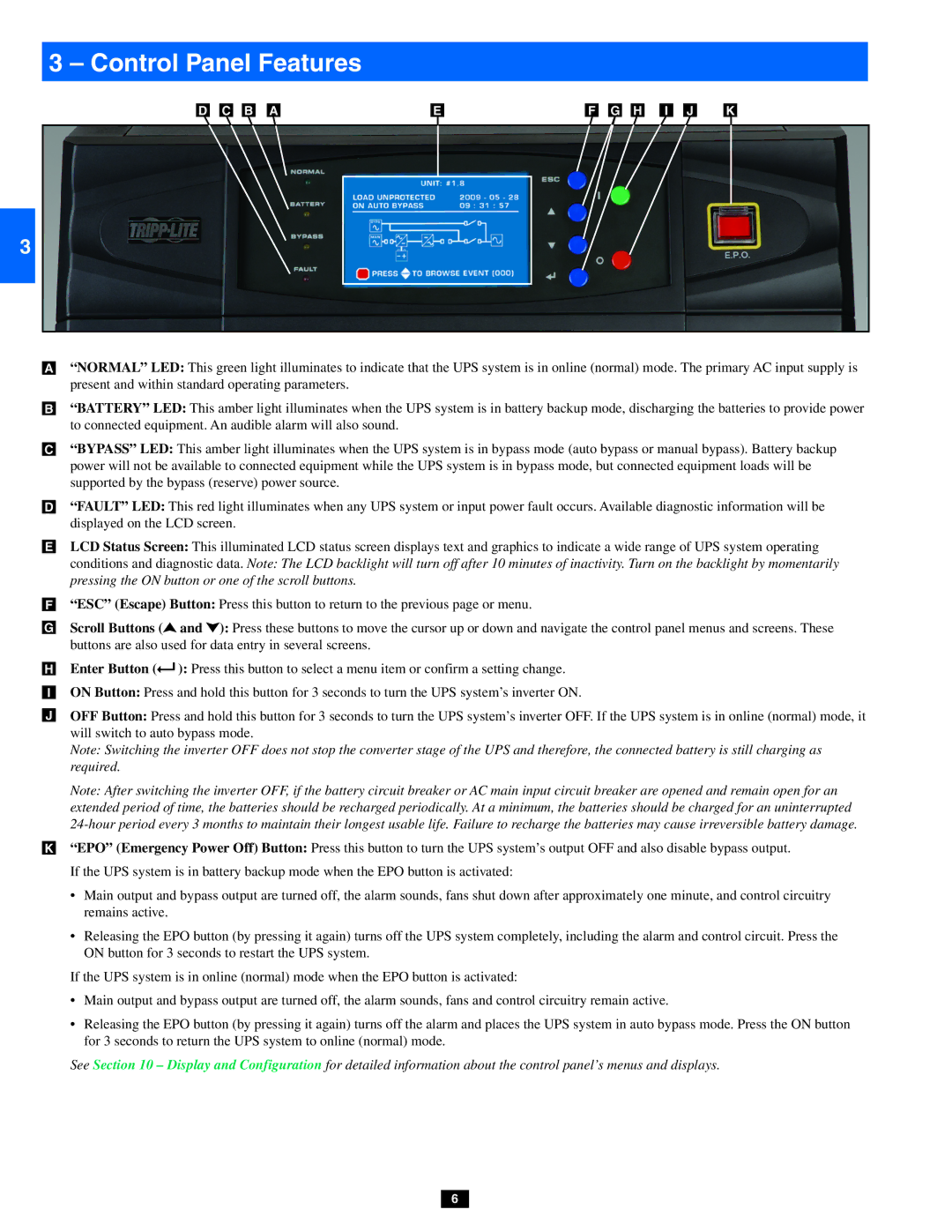 Tripp Lite SU80KX, SU20KX, SU40KX owner manual Control Panel Features 