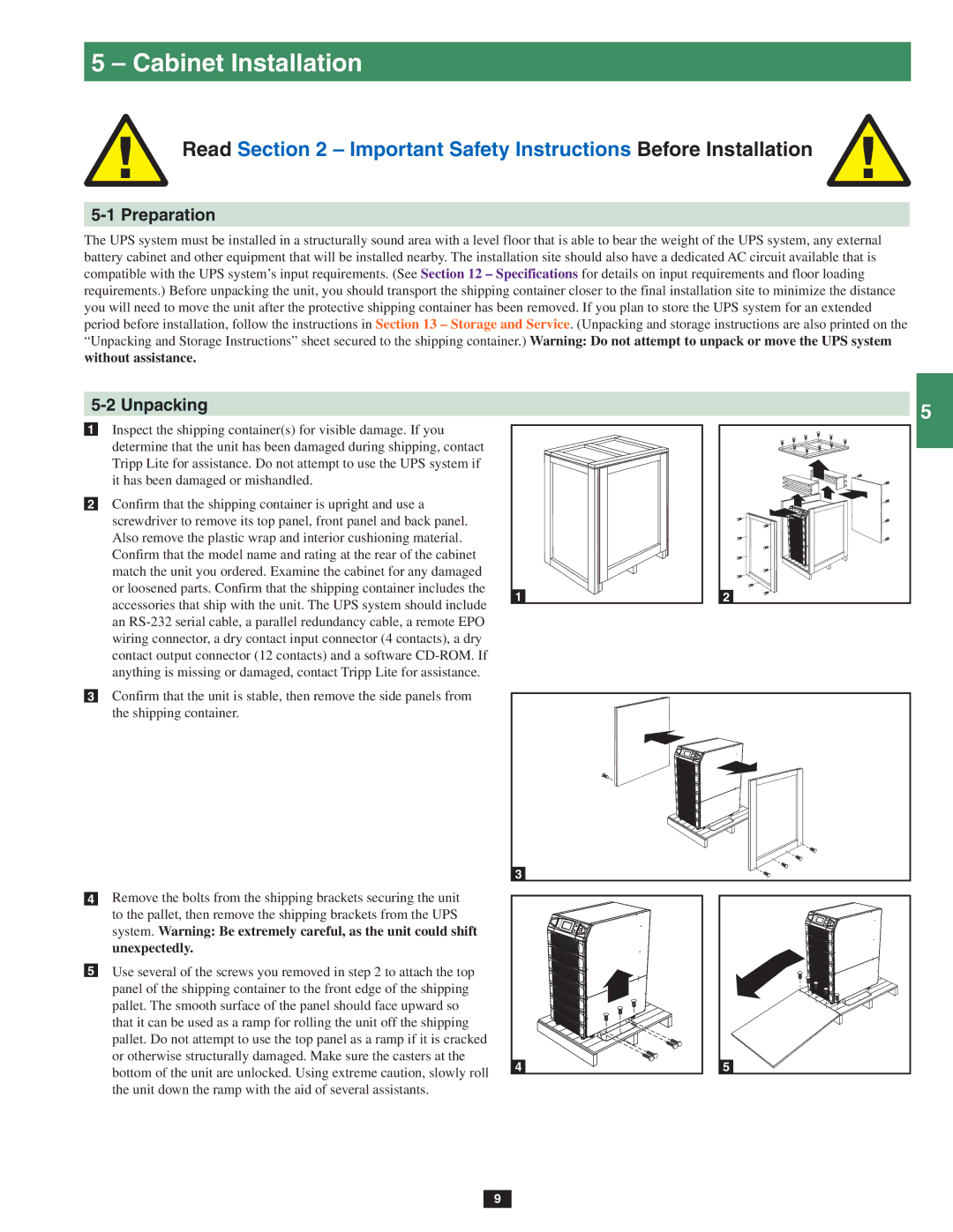 Tripp Lite SU80KX, SU20KX, SU40KX owner manual Cabinet Installation, Preparation, Unpacking 