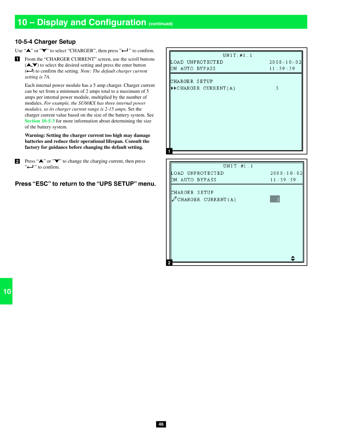Tripp Lite SU20KX Charger Setup, 1 10 - Display and Configuration continued, Press “ESC” to return to the “UPS SETUP” menu 