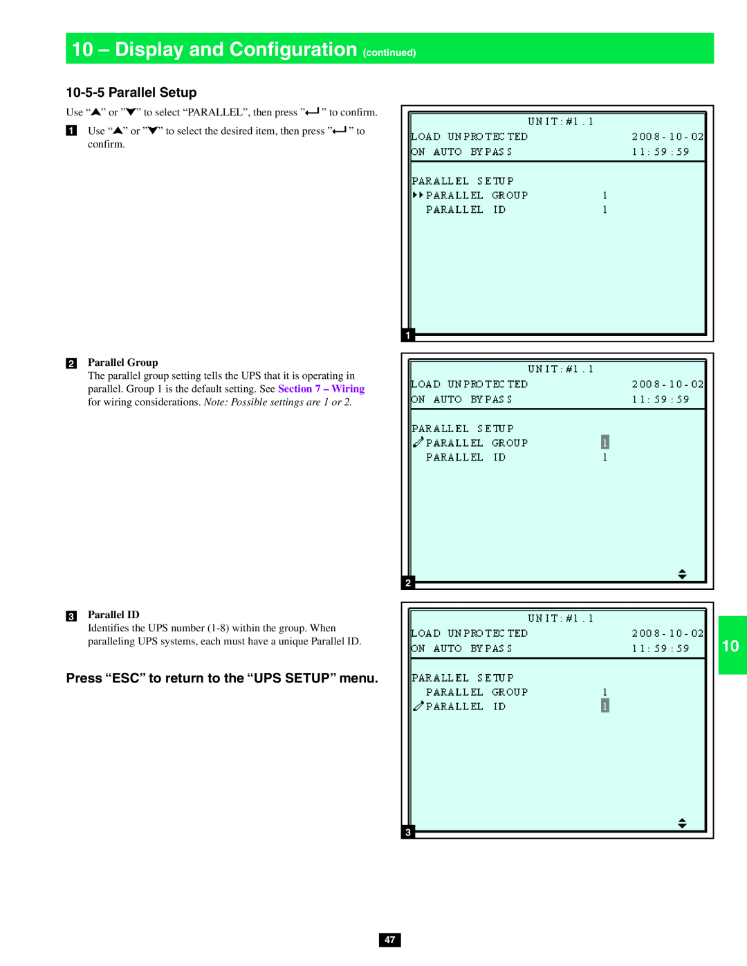 Tripp Lite SU40KX Parallel Setup, Display and Configuration continued, Press “ESC” to return to the “UPS SETUP” menu 