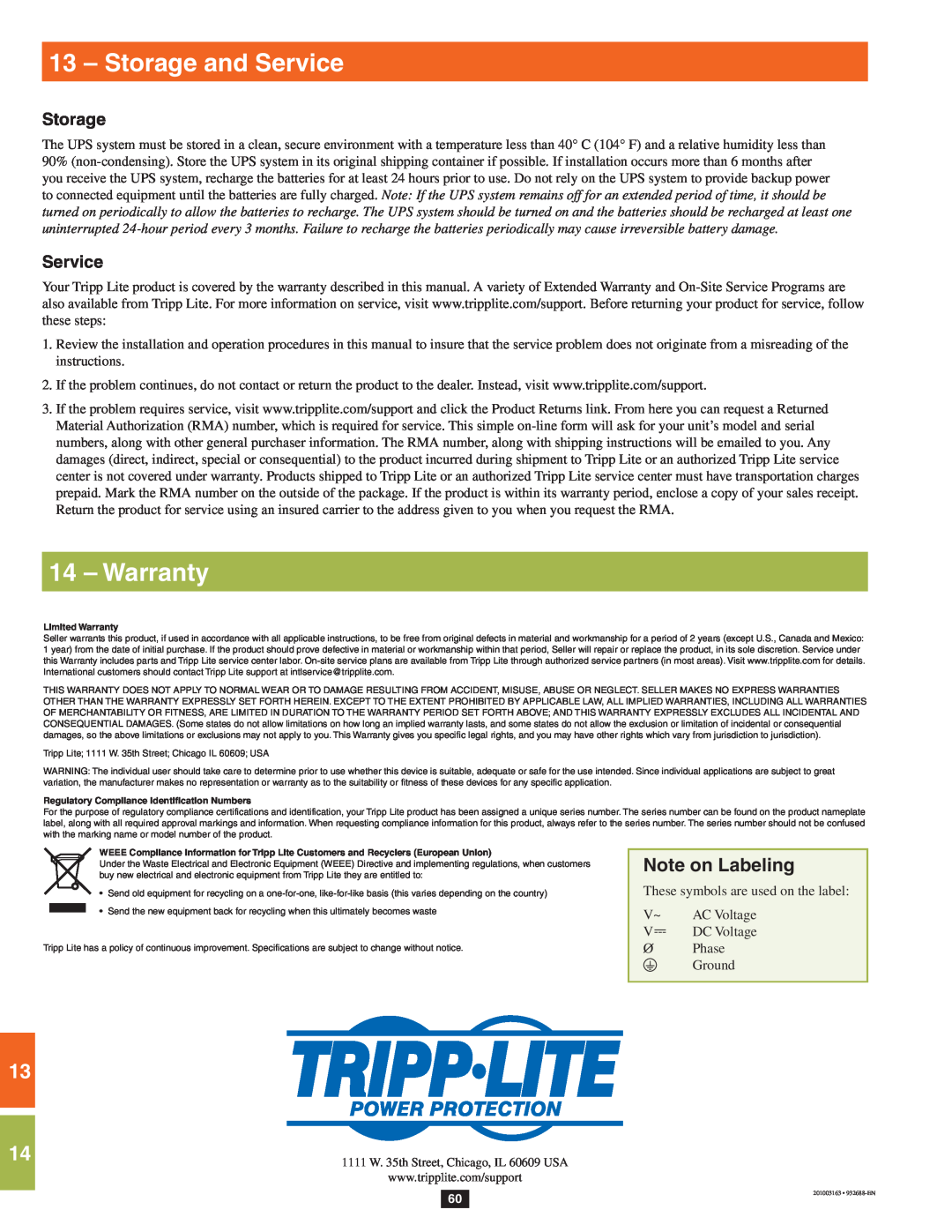 Tripp Lite SU80KX, SU20KX, SU40KX owner manual 1 13 - Storage and Service, 7 14 - Warranty, Note on Labeling 