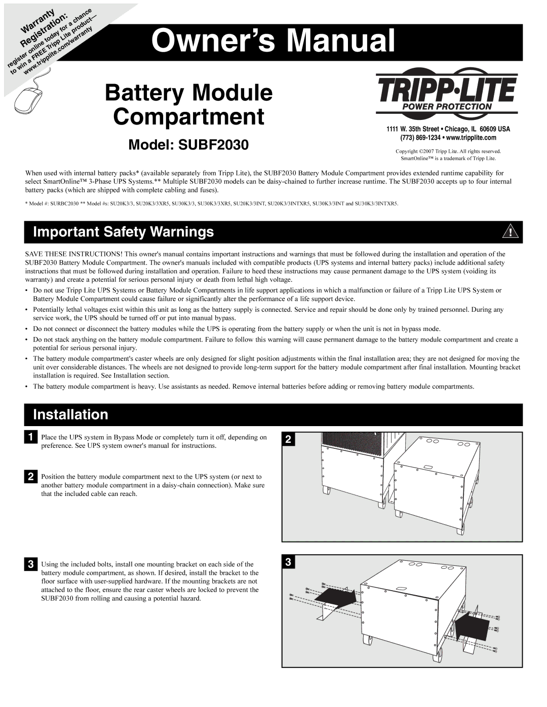 Tripp Lite owner manual Battery Module Compartment, Model SUBF2030, Important Safety Warnings, Installation 