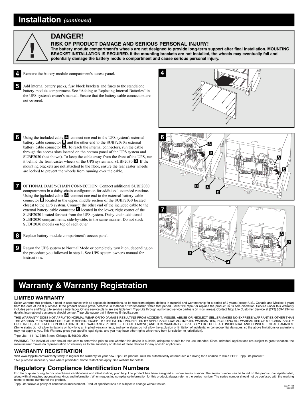 Tripp Lite SUBF2030 Warranty & Warranty Registration, Regulatory Compliance Identification Numbers, Limited Warranty 