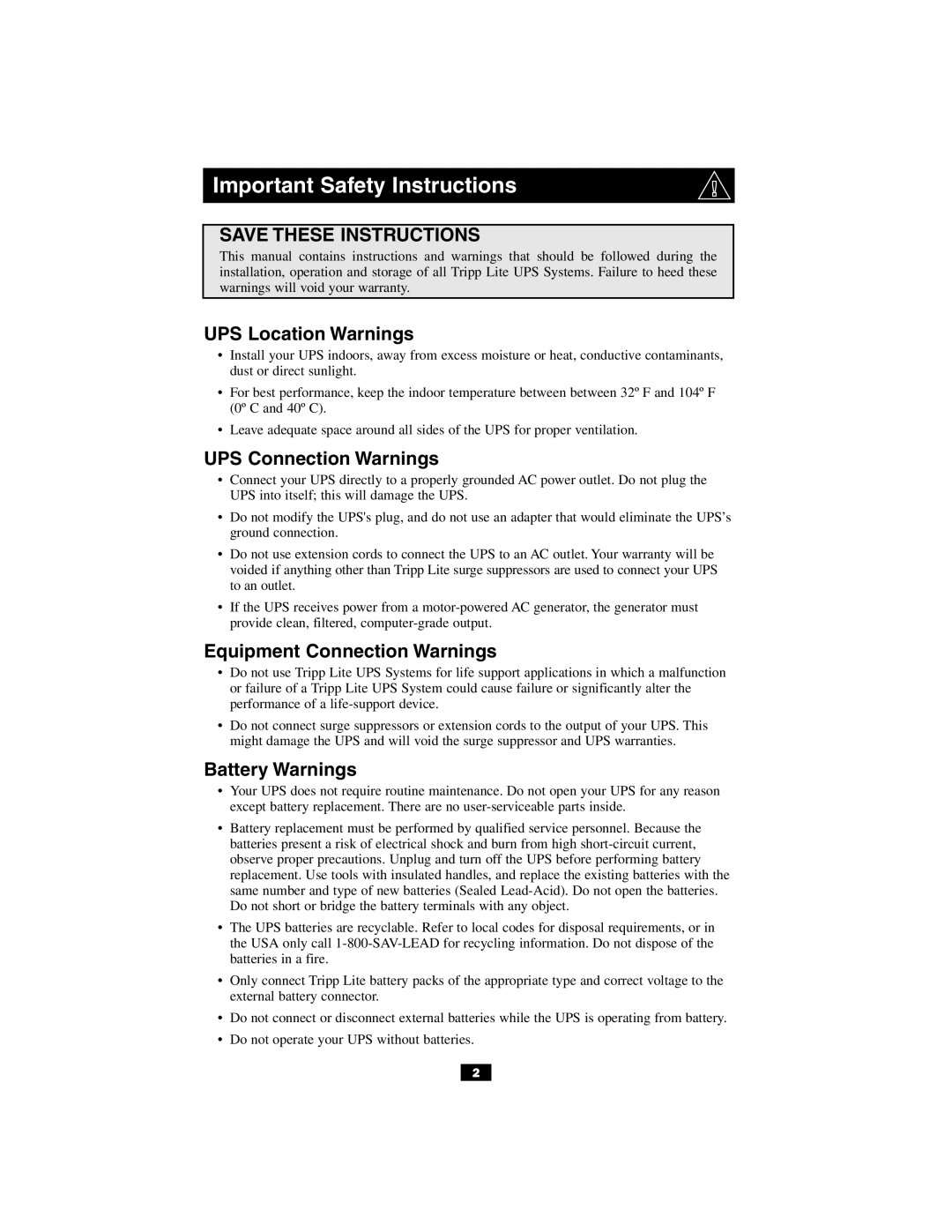 Tripp Lite SUINT1000RTXL2U, SU1000RTXL2UHV owner manual Important Safety Instructions 