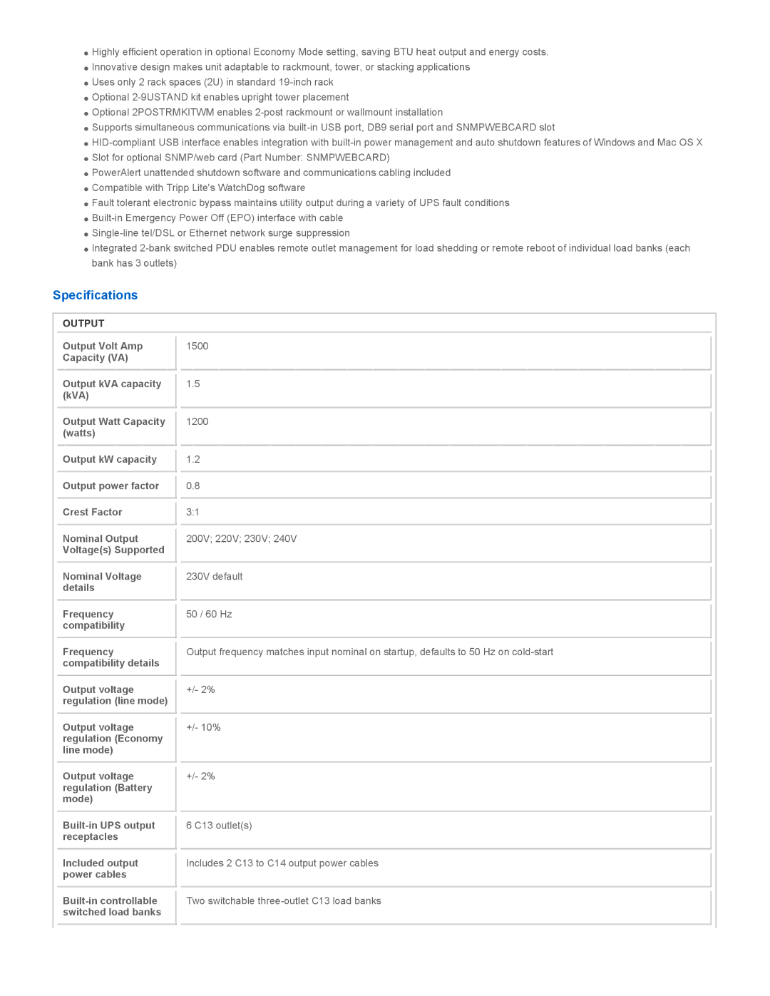 Tripp Lite SUINT1500RTXL2UA owner manual Specifications, Output, Nominal Voltage details Frequency compatibility 
