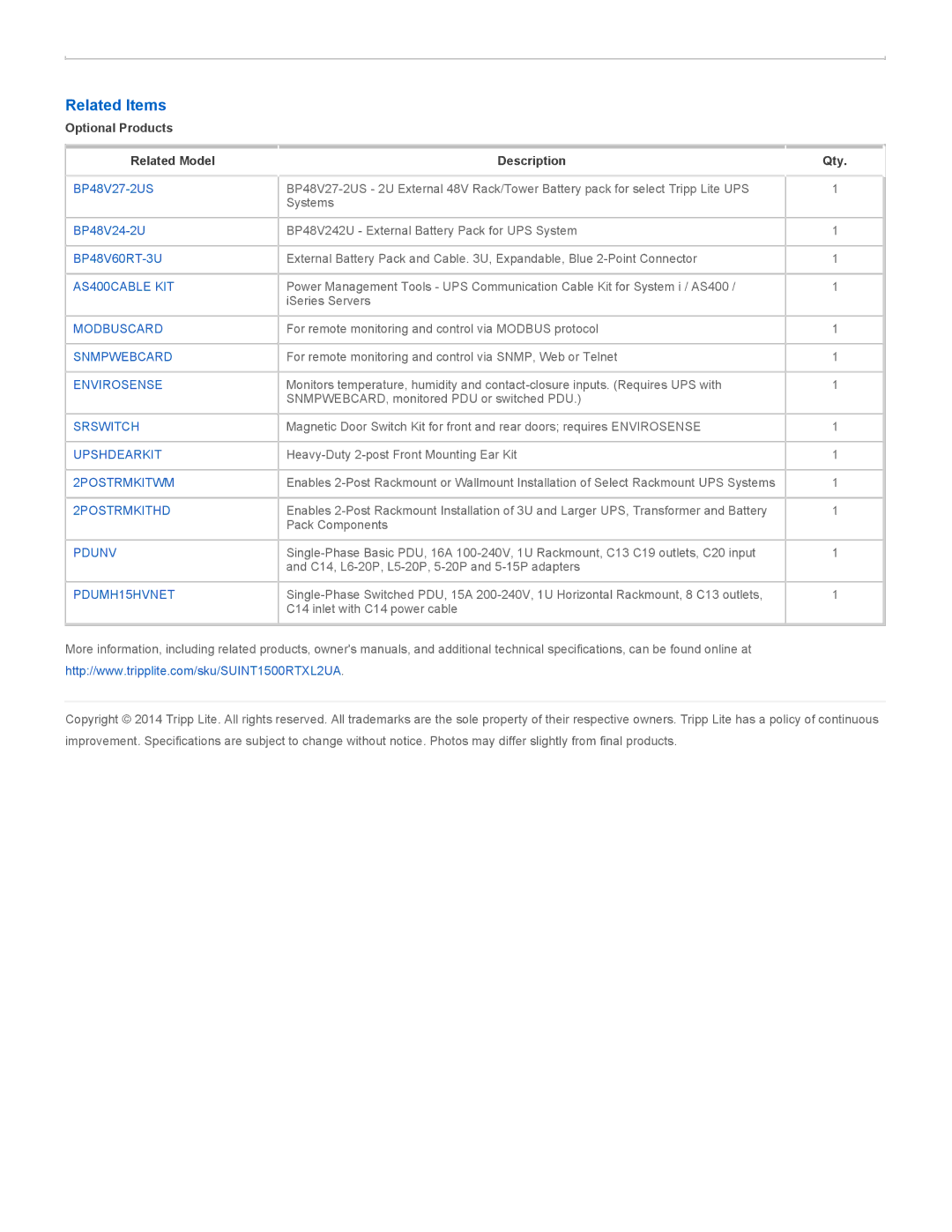 Tripp Lite SUINT1500RTXL2UA owner manual Related Items, Optional Products 