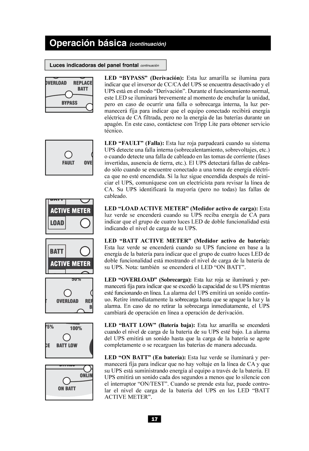 Tripp Lite SUINT3000XL, SUINT2000XL Operación básica continuación, Luces indicadoras del panel frontal continuación 