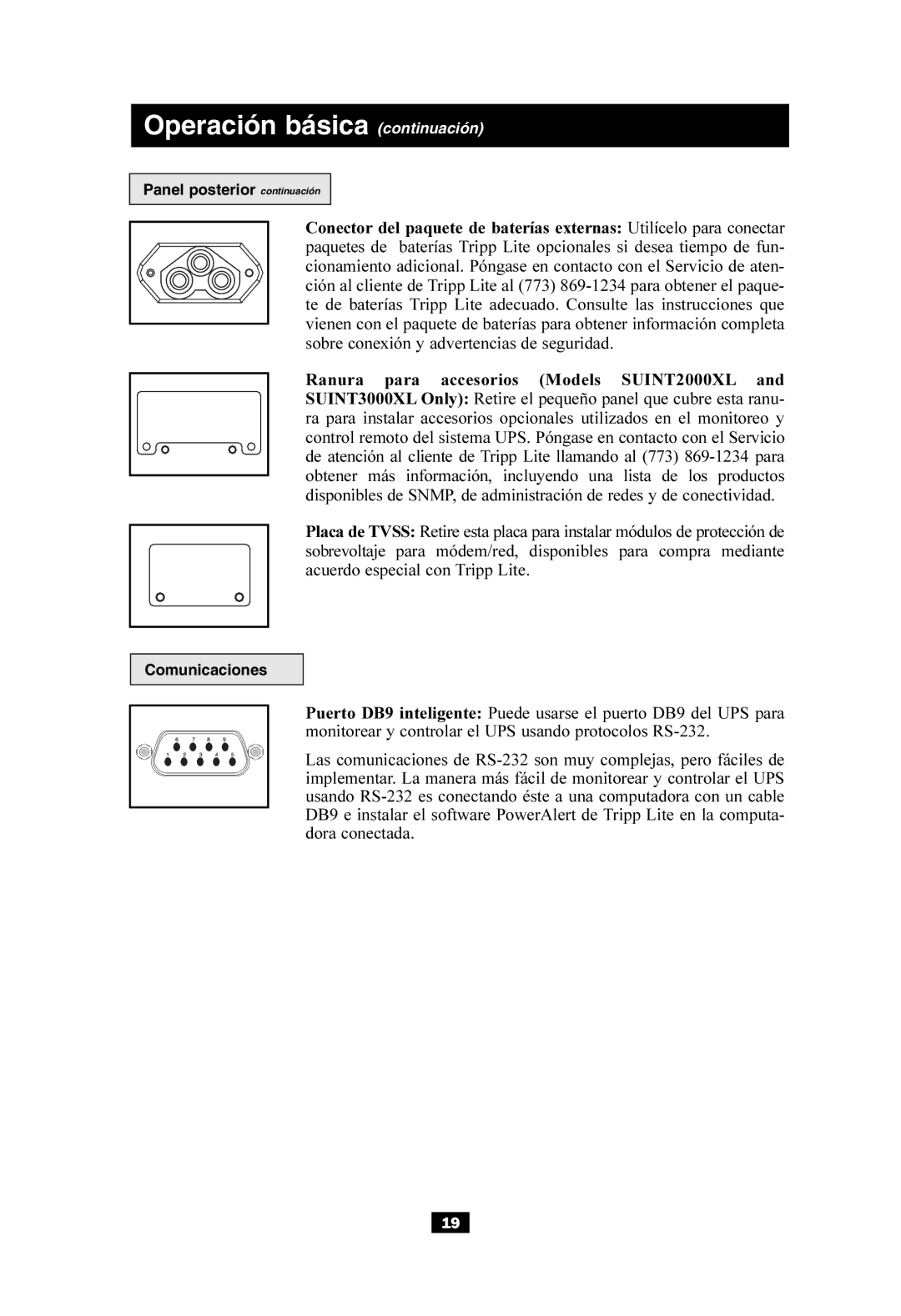 Tripp Lite SUINT1000XL, SUINT2000XL, SUINT3000XL owner manual Panel posterior continuación, Comunicaciones 