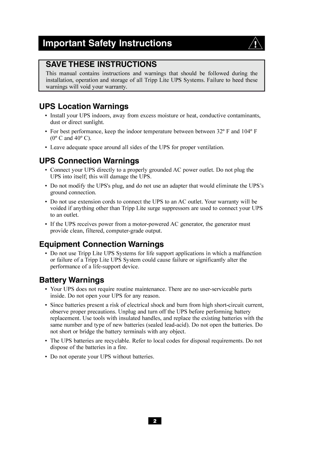 Tripp Lite SUINT3000XL, SUINT2000XL, SUINT1000XL owner manual Important Safety Instructions, UPS Location Warnings 