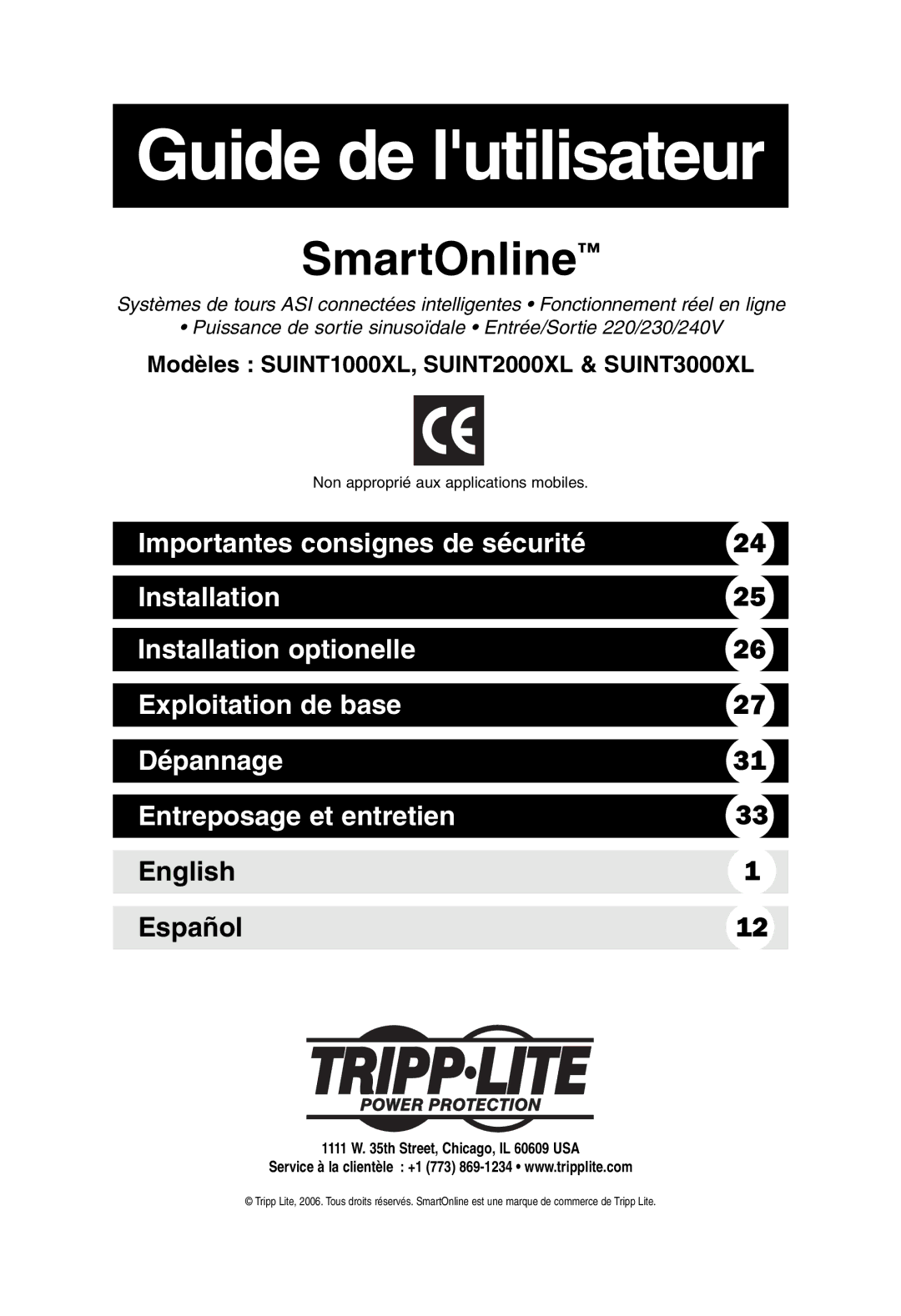 Tripp Lite SUINT3000XL, SUINT2000XL, SUINT1000XL owner manual Guide de lutilisateur, Th Street, Chicago, IL 60609 USA 