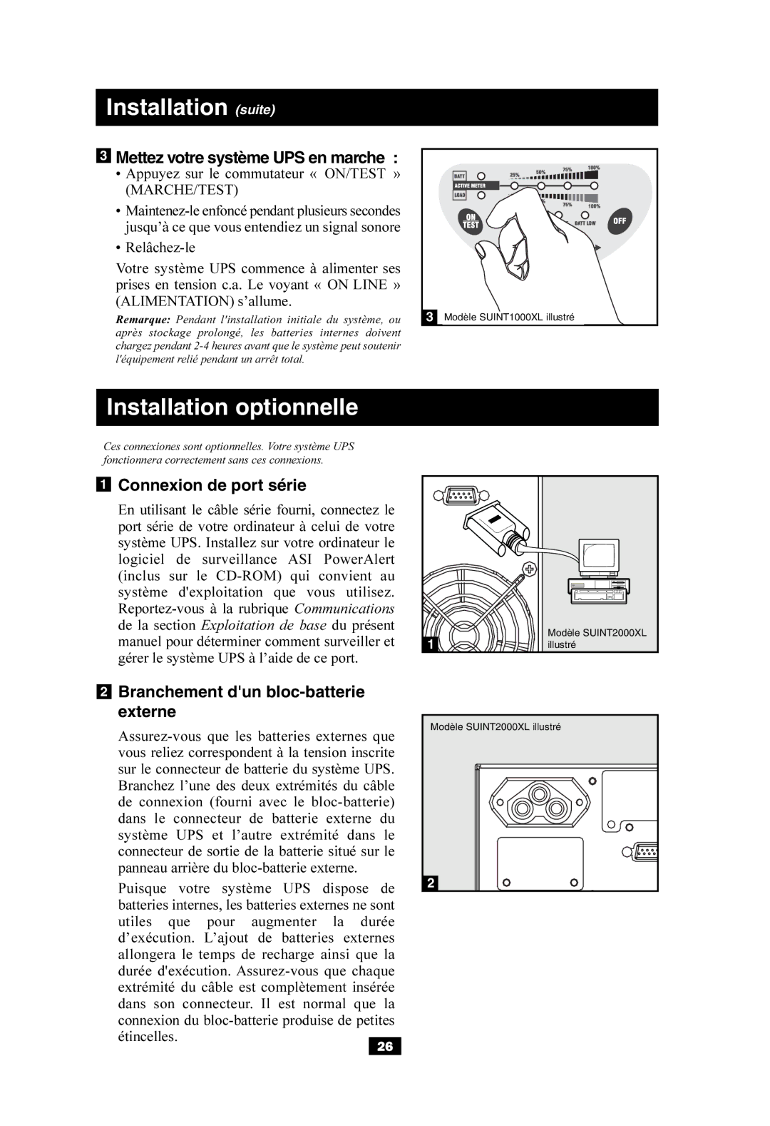 Tripp Lite SUINT3000XL, SUINT2000XL Installation suite, Installation optionnelle, Mettez votre système UPS en marche 