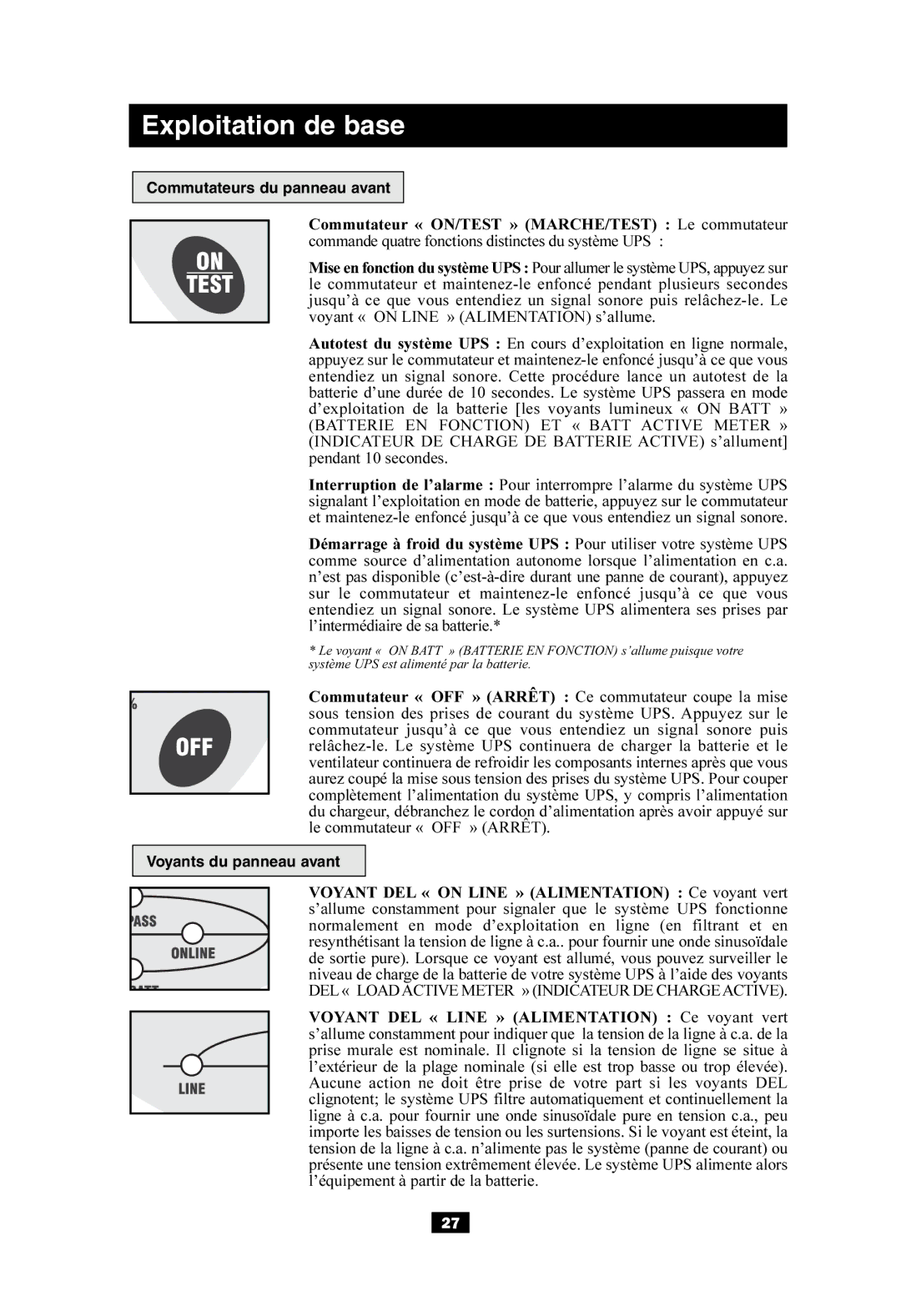 Tripp Lite SUINT2000XL, SUINT1000XL, SUINT3000XL ImExploitationortantSafdetybaseInstructions, Commutateurs du panneau avant 