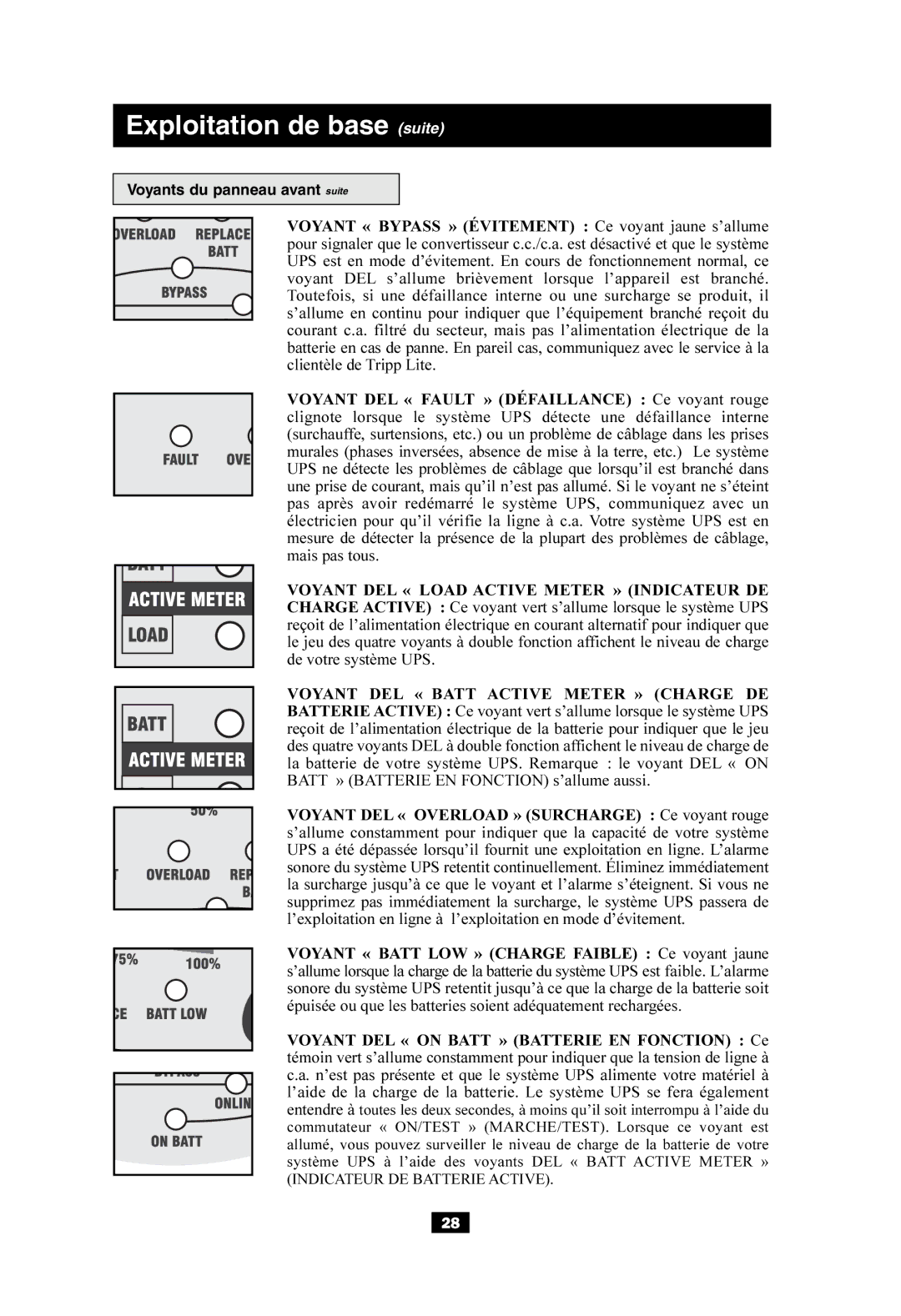 Tripp Lite SUINT1000XL, SUINT2000XL, SUINT3000XL owner manual Exploitation de base suite, Voyants du panneau avant suite 