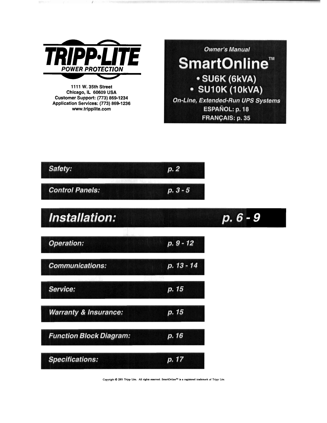 Tripp Lite SU6K, SUIOK manual TRIPPaUTEPOWER PRorEcTloN, 1111 W. 35th Street Chlcago, IL 60609 USA Customer Support 773 