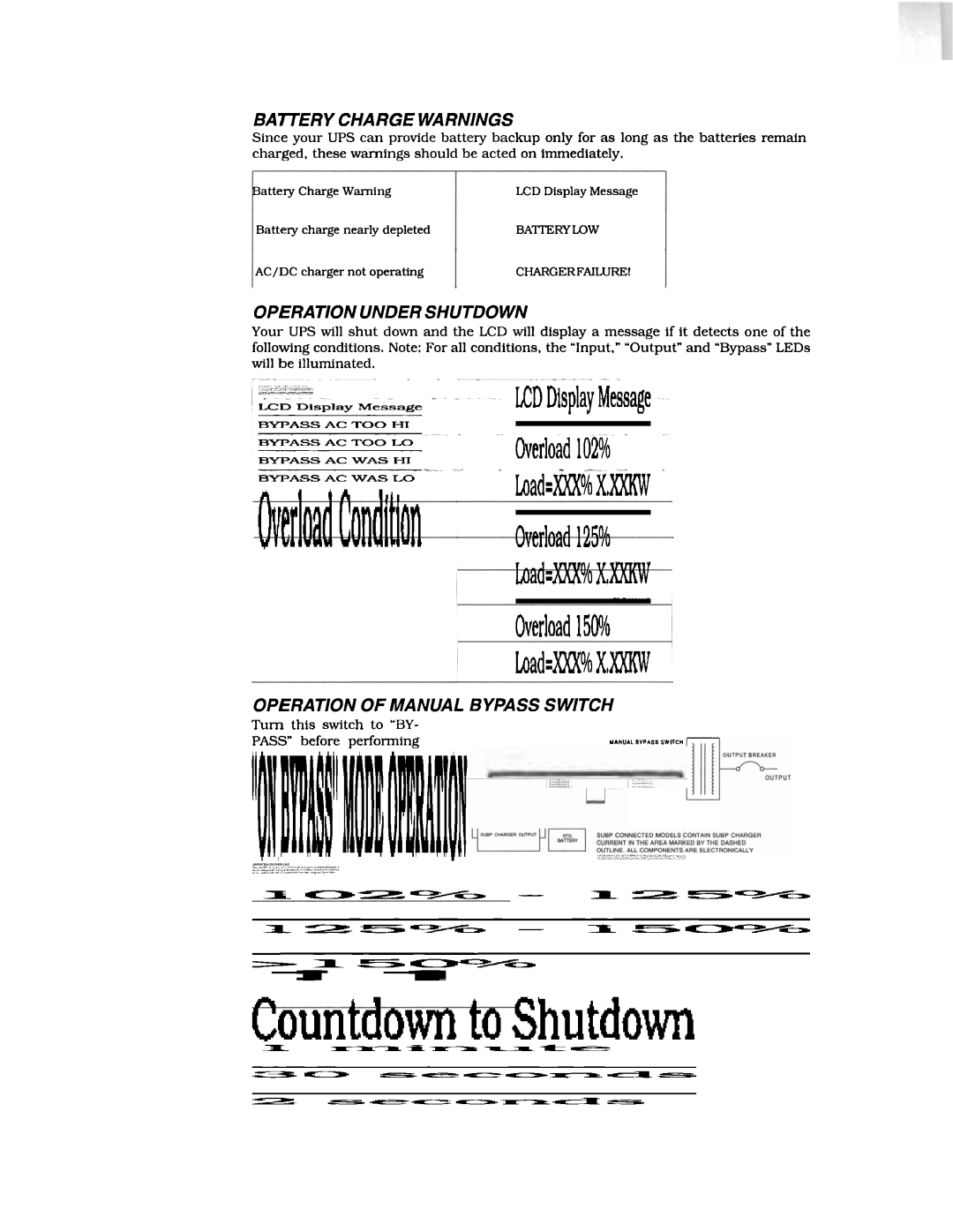 Tripp Lite SUIOK, SU6K manual Batery Charge WARNlNGS, Operationundershutdown, Operation of Manual Bypass Switch 