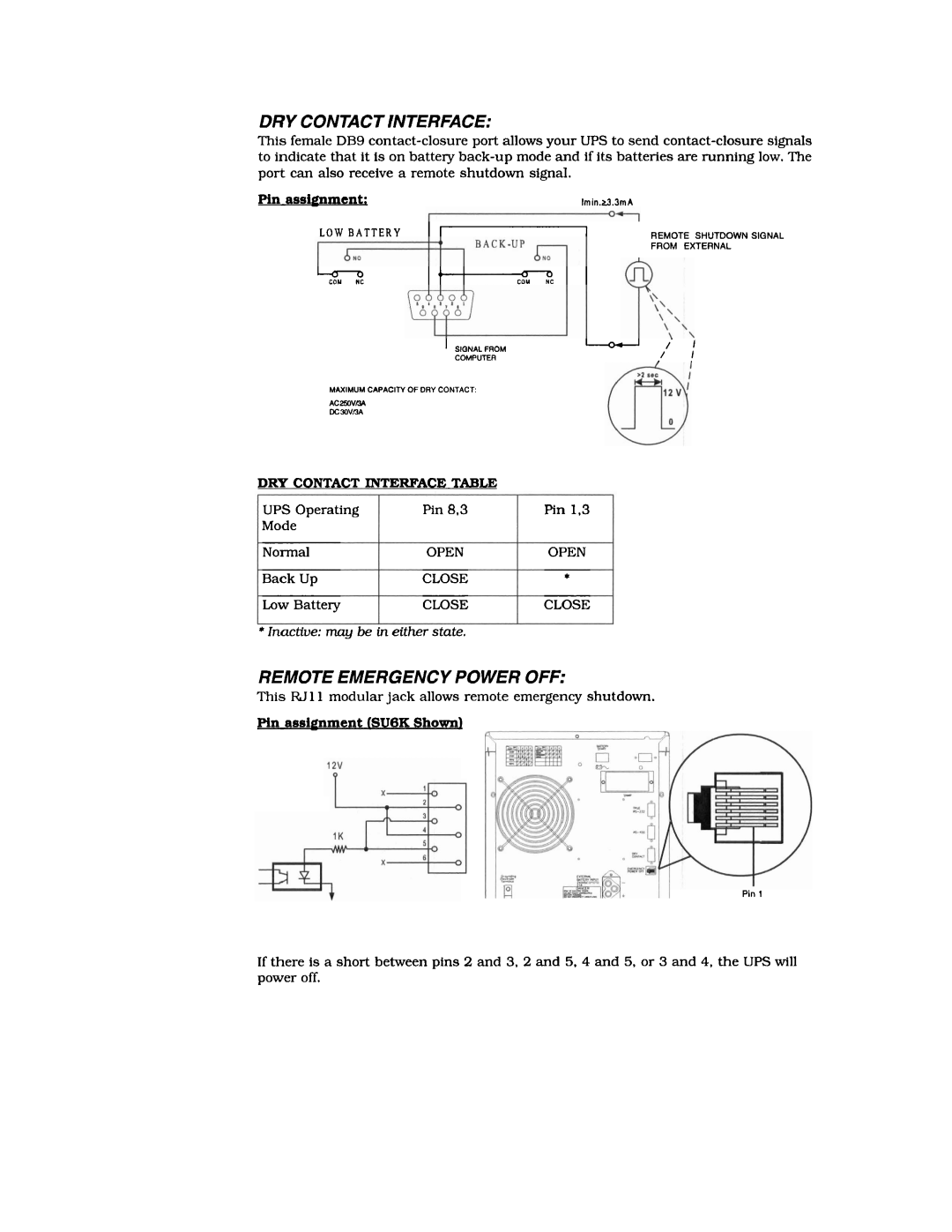 Tripp Lite SUIOK manual DRY Contact Interface, Remote Emergency Power OFF, Pin assipnment, Pin assignment lSU6K Shown 