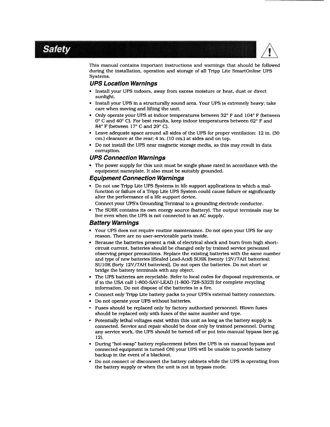 Tripp Lite SUIOK, SU6K UPS Location Warnings, UPS Connection Warnings, Equipment Connection Warnings, Battery Warnings 