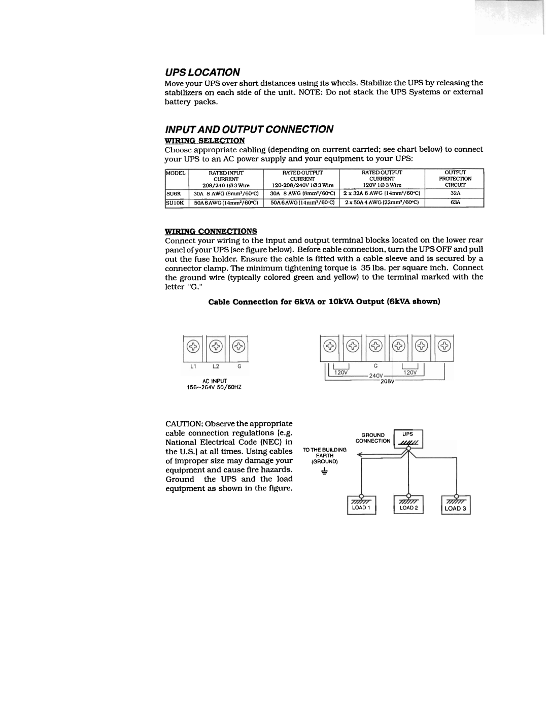 Tripp Lite SU6K, SUIOK manual UPS Location, Inputand Output Connection, Cable Connection for 6kVA or lOkVA Output 6kVAshown 