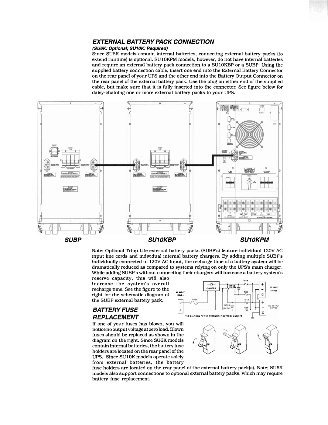 Tripp Lite SUIOK, SU6K manual External Battery Pack Connection, SUBPSUlOKBPSUlOKPM 