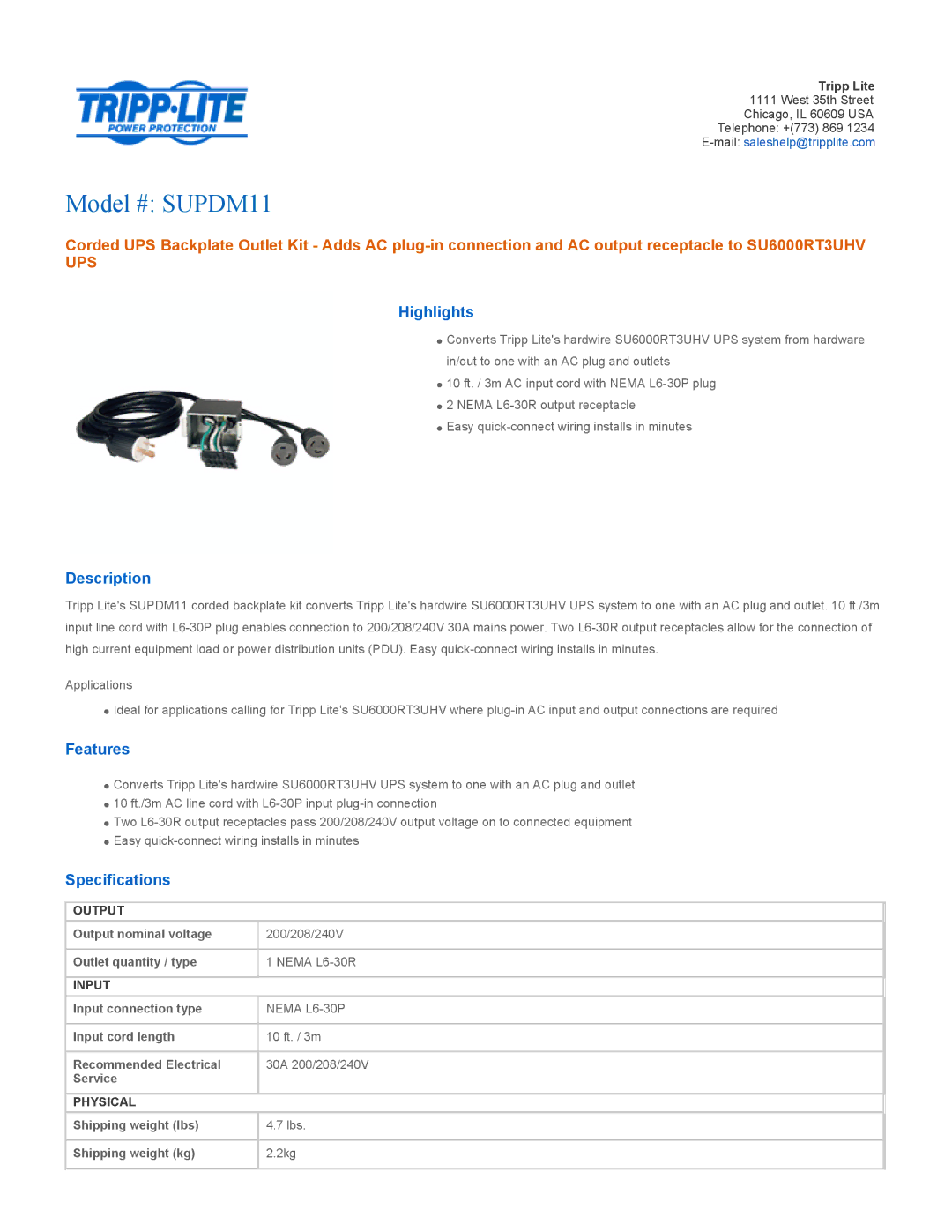 Tripp Lite specifications Model # SUPDM11, Ups 