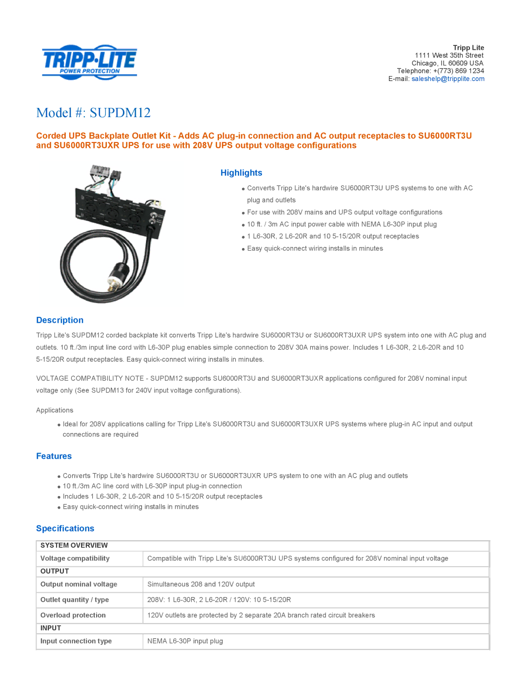 Tripp Lite SUPDM12 specifications Highlights, Description, Features, Specifications 