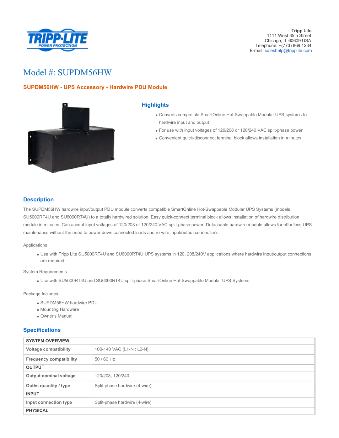 Tripp Lite specifications Model # SUPDM56HW, SUPDM56HW UPS Accessory Hardwire PDU Module, Highlights, Description 