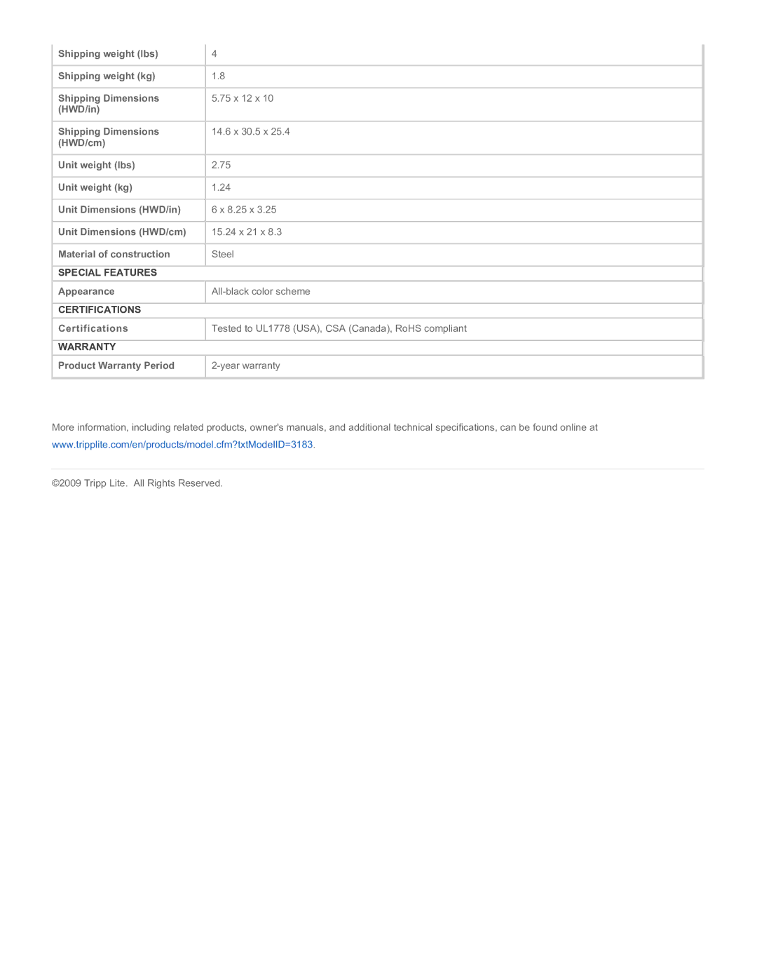 Tripp Lite SUPDM56HW specifications Special Features, Certifications, Warranty 