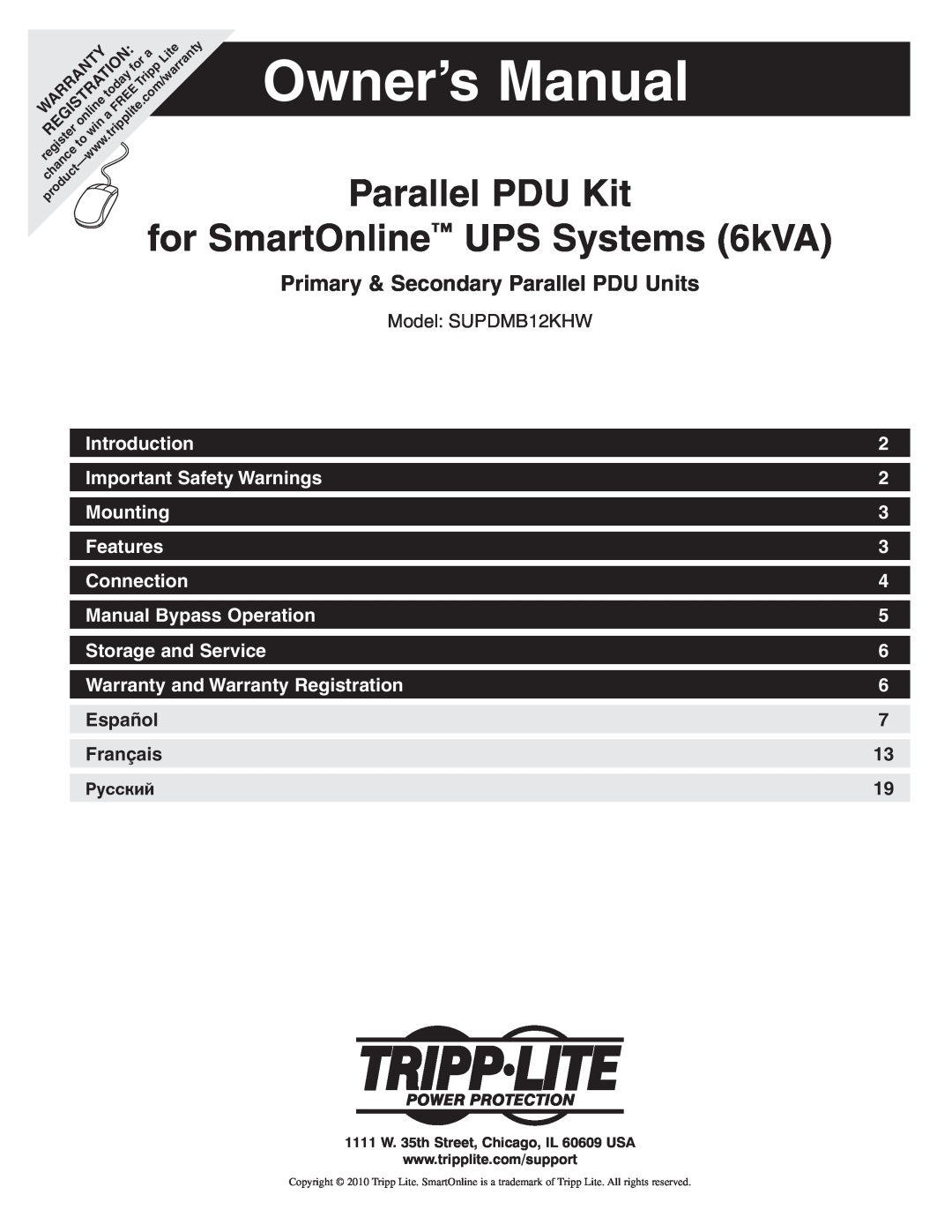 Tripp Lite SUPDMB12KHW owner manual Owner’s Manual, Parallel PDU Kit SmartOnline UPS Systems 6kVA 