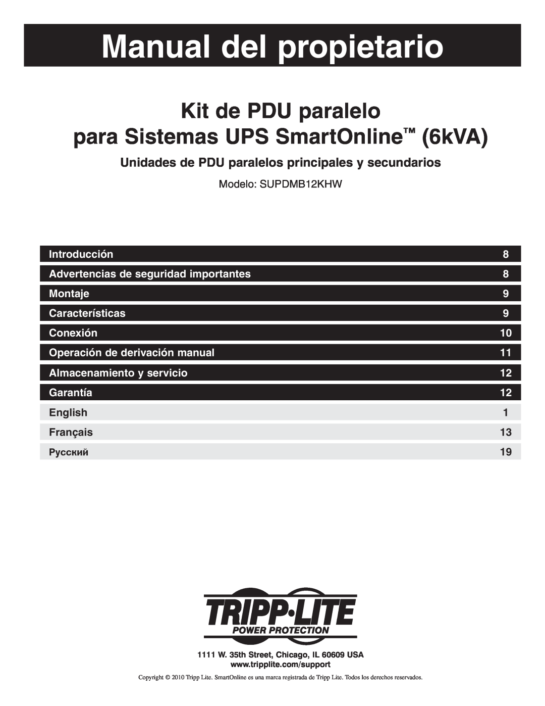 Tripp Lite SUPDMB12KHW owner manual Manual del propietario, Kit de PDU paralelo para Sistemas UPS SmartOnline 6kVA 