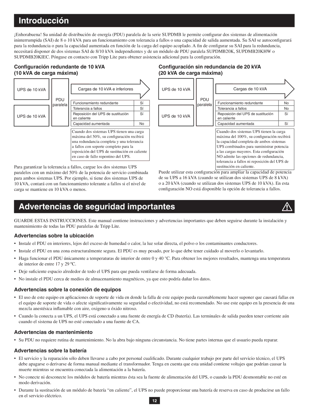 Tripp Lite SUPDMB20KHW, SUPDMB20KIEC Advertencias sobre la ubicación, Advertencias sobre la conexión de equipos 