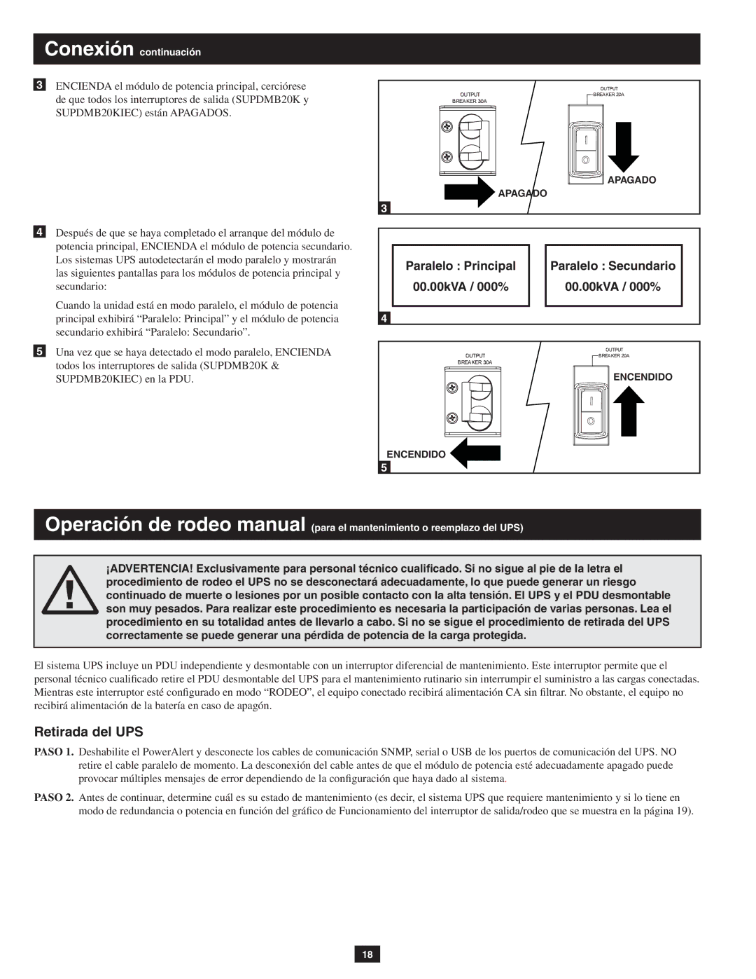 Tripp Lite SUPDMB20KHW, SUPDMB20KIEC Retirada del UPS, Paralelo Principal Paralelo Secundario 00.00kVA / 000% 