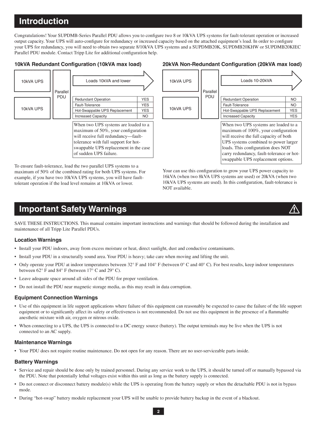 Tripp Lite SUPDMB20KIEC Location Warnings, Equipment Connection Warnings, Maintenance Warnings, Battery Warnings 