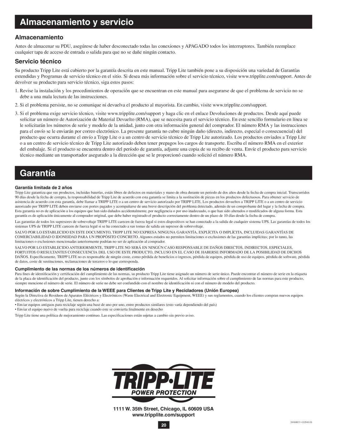 Tripp Lite SUPDMB20KIEC, SUPDMB20KHW owner manual Almacenamiento, Servicio técnico 