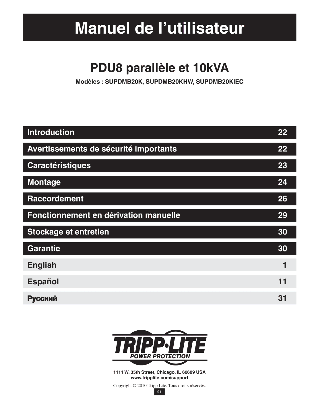 Tripp Lite SUPDMB20KHW, SUPDMB20KIEC owner manual Manuel de l’utilisateur 