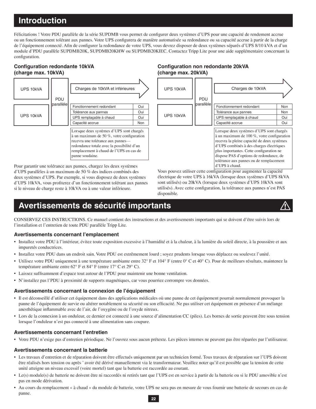 Tripp Lite SUPDMB20KHW Avertissements concernant l’emplacement, Avertissements concernant la connexion de l’équipement 